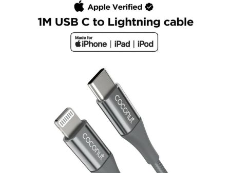 Coconut MC02 Mfi Certified USB C to Lightning Cable ( Pack of 1- Gray) on Sale